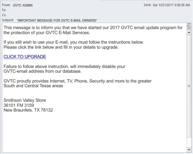 Example screenshot image of email scam